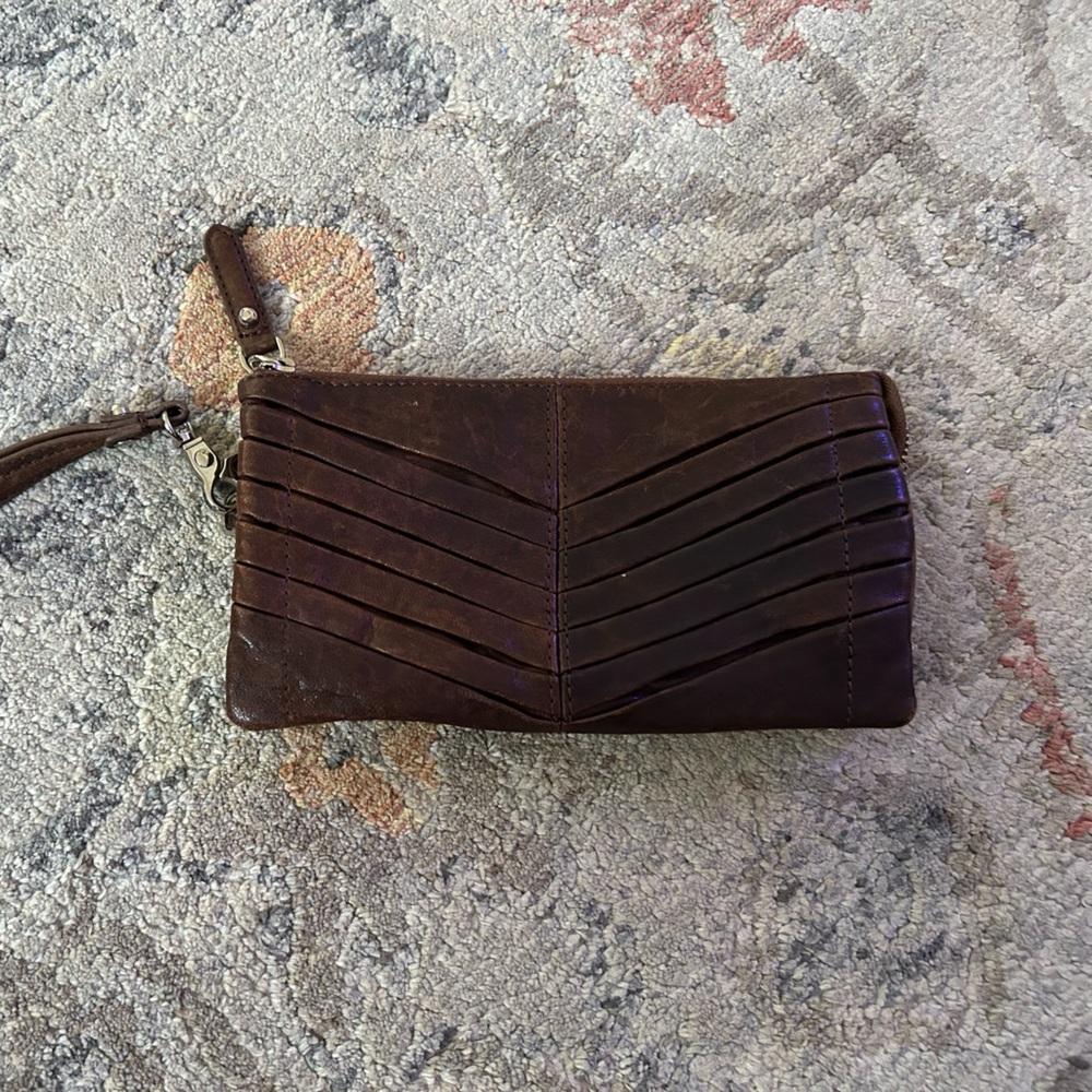 Junior Drake Brown Leather Wristlet with Chevron Pattern